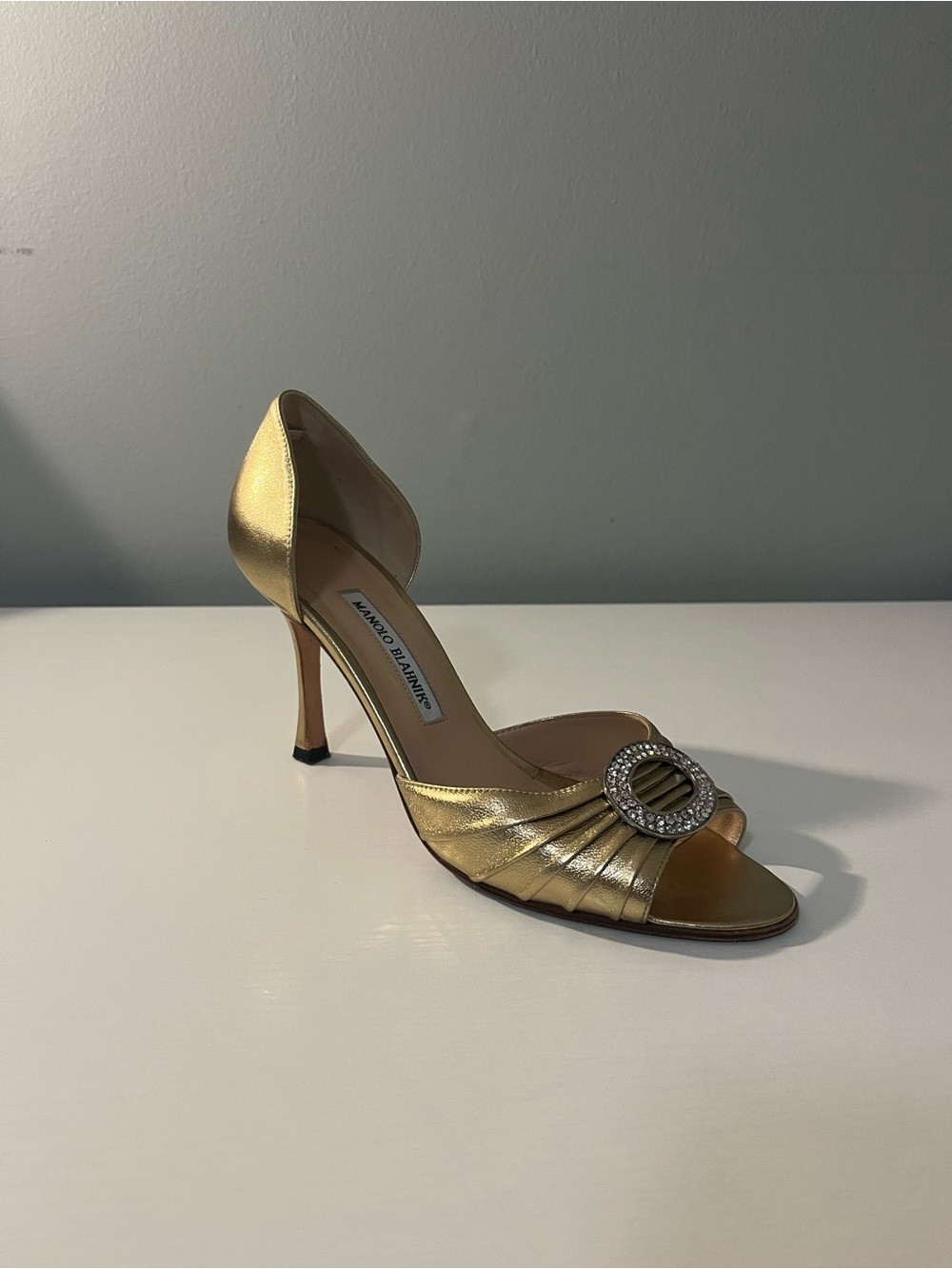 Manolo Blahnik Metallic Gold D'Orsay Crystal Buckle Heel